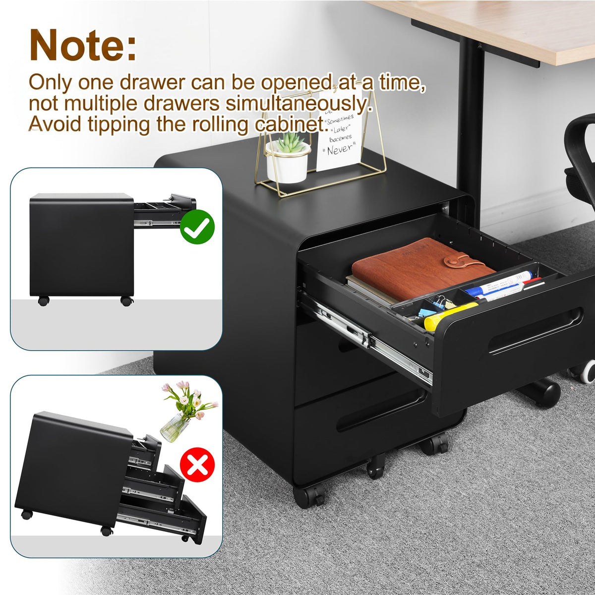 HOMSTEEL Mobile File Cabinet, Metal Filing Cabinet with Lock, 4 keys, 3 Drawers, Rounded Corner, Pre-assembled, for Office, Home office, Black