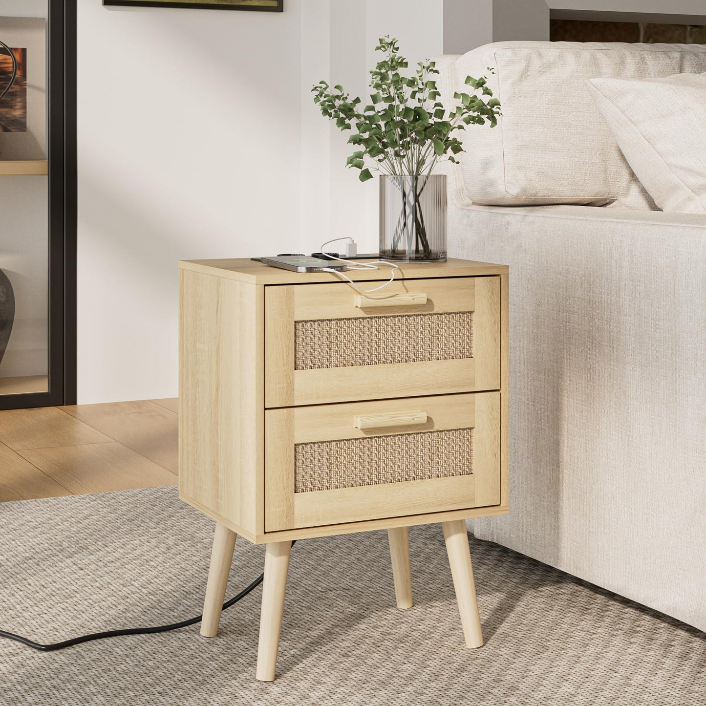 HEYZOEY Bedside Tables,End Table,Rattan Bedside Tables, Side Table with Hand Made Rattan Decorated Drawers,Wood Accent Nightstand with Storage for