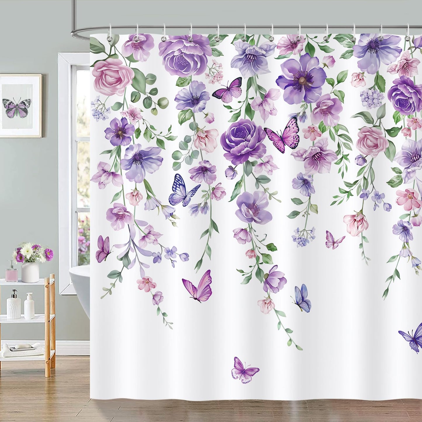 Bonhause Purple Floral Shower Curtain, Watercolor Flower Leaves Butterfly Bathroom Curtain 180 x 180 cm Waterproof Mildew and Mould Resistant