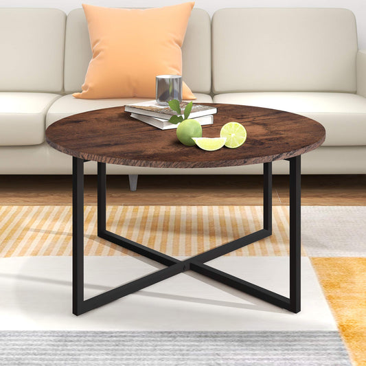 BOFENG Round Coffee Table Tea Table End Table Sofa Table for Living Room with Metal Legs, Black+Brown oak