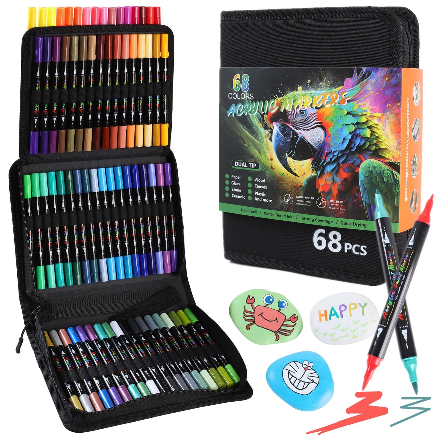 HYNEXLK Acrylic Paint Pens Paint Marker - 68 Colours Dual Tip Brush Paint Markers for Rock Painting, Glass, Ceramic, Stone Wood, Canvas - Fine & Brush