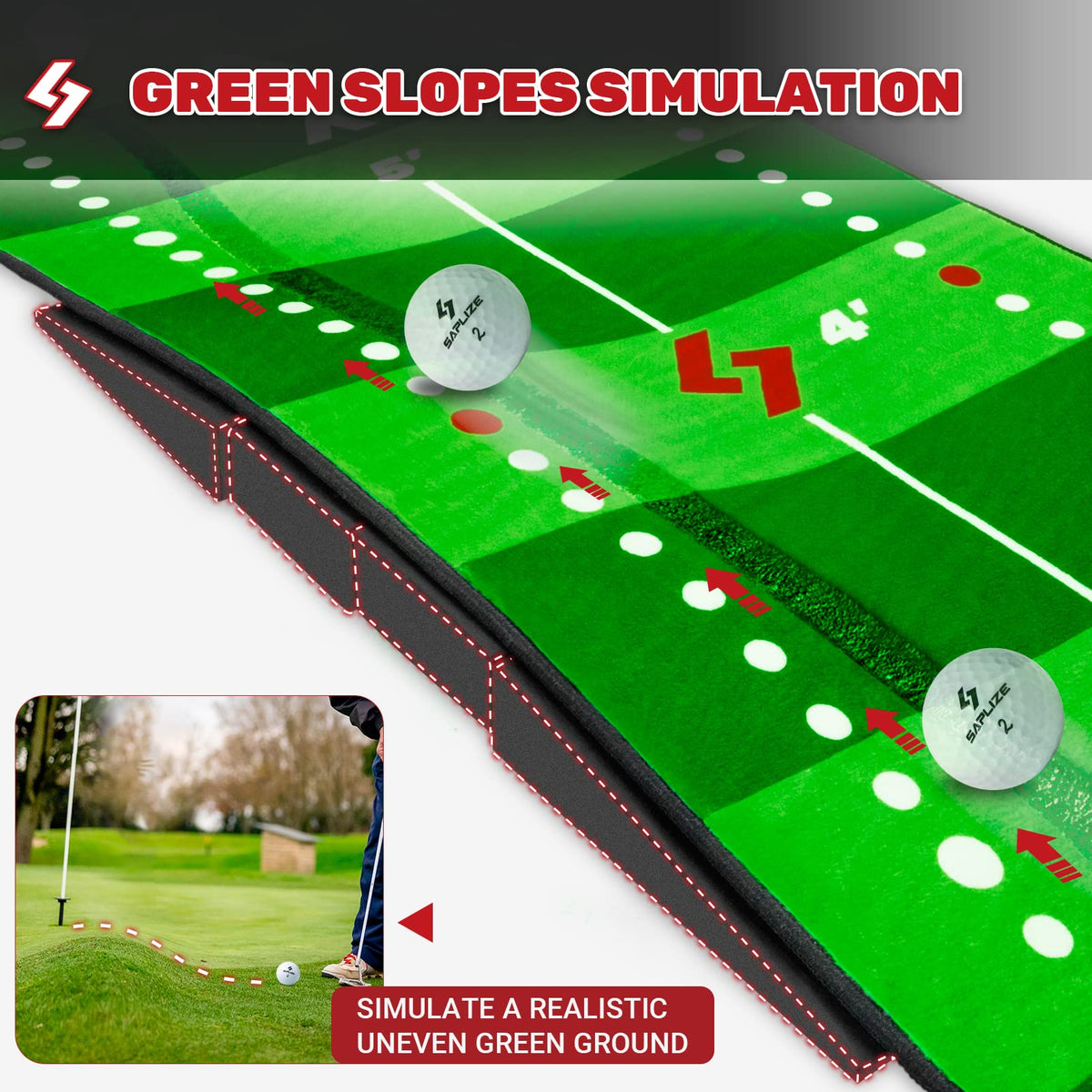 SAPLIZE Golf Putting Mat, Visible Trajectory Tracing, Multiple Training Modes, with Putting Alignment Mirror and Adjustable Green Slopes, Putting