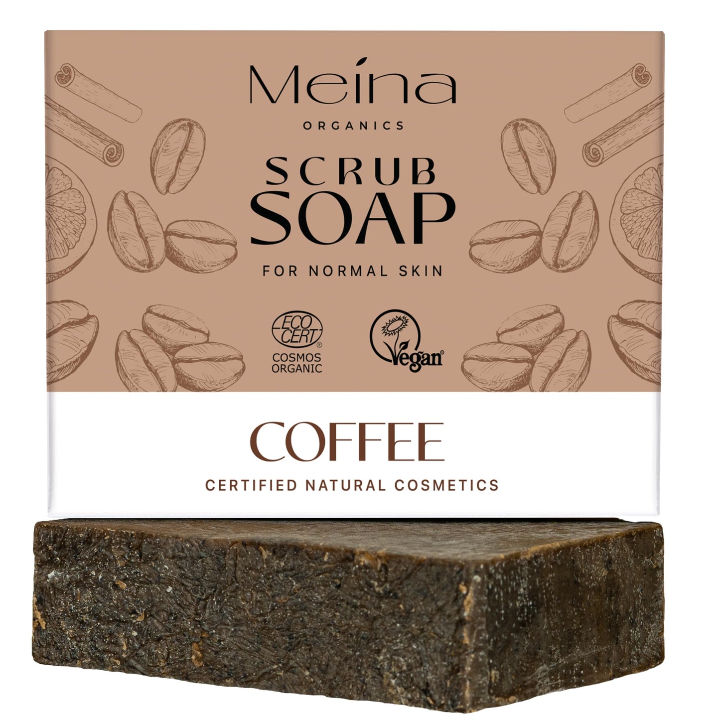 Meina Exfoliating Coffee Soap Bar with, Organic Certified, 100% Natural, Without Palm Oil, Face and Body, Vegan, Plastic Free, Perfect for Travel and