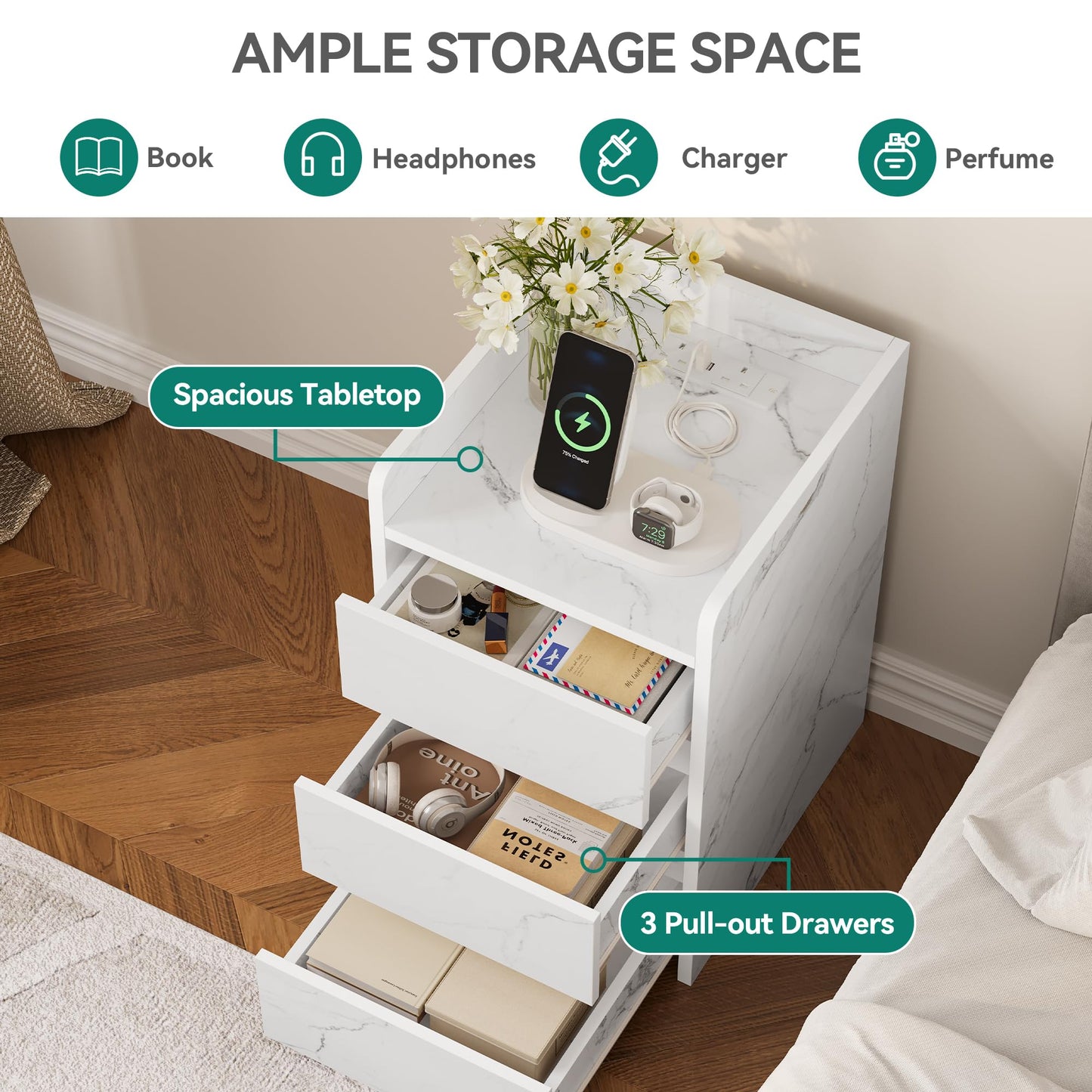 YITAHOME Bedside Table with 3 Drawers and Power Station, Modern Nightstand End Table, Water-Resistant Storage Side Table for Living Room and Bedroom
