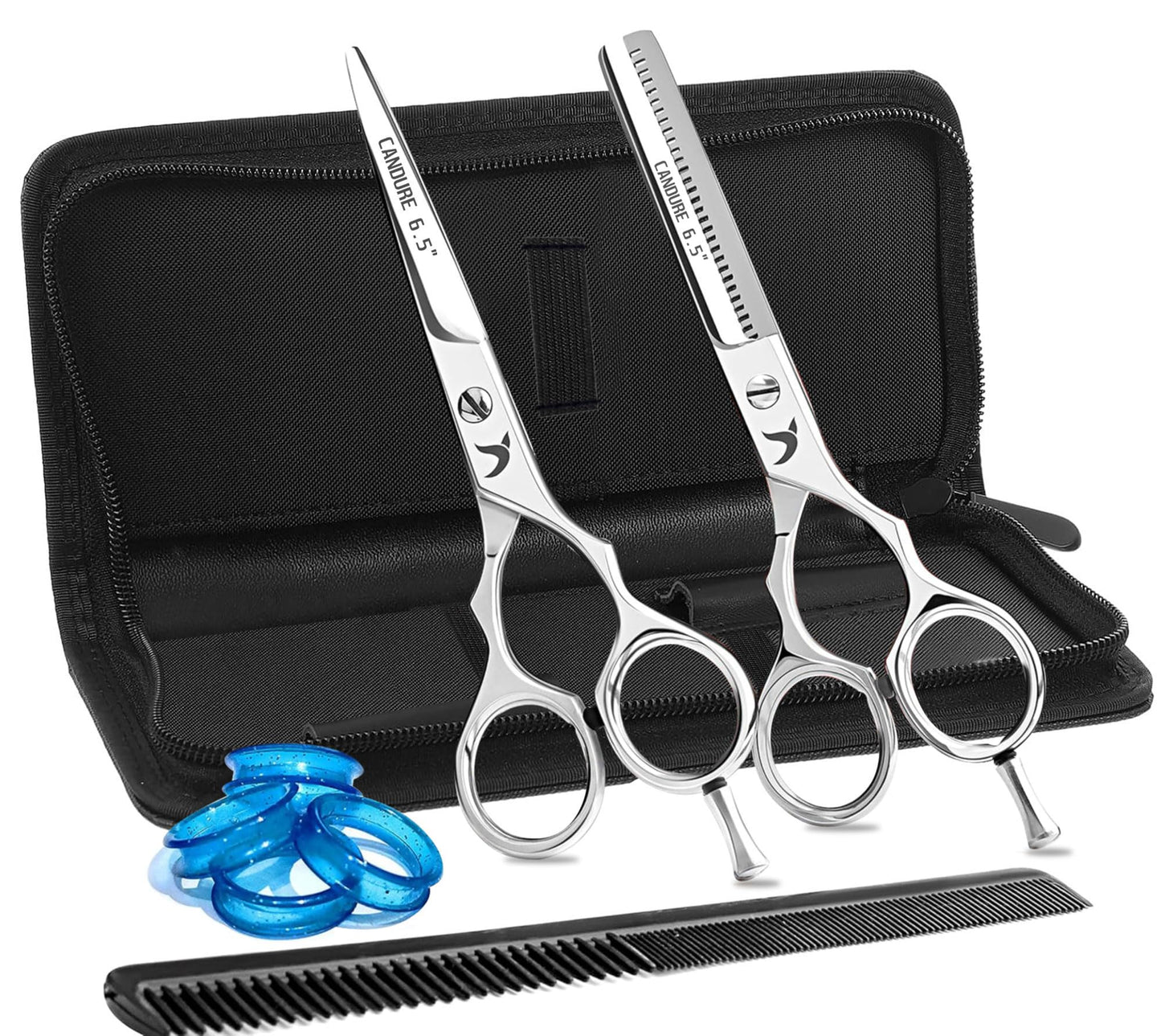 Candure Hairdressing Scissor 6.5 Inch Hair Cutting and Thinning Scissors with Comb and Pouch for Men, Women, Children and Professional Barbers