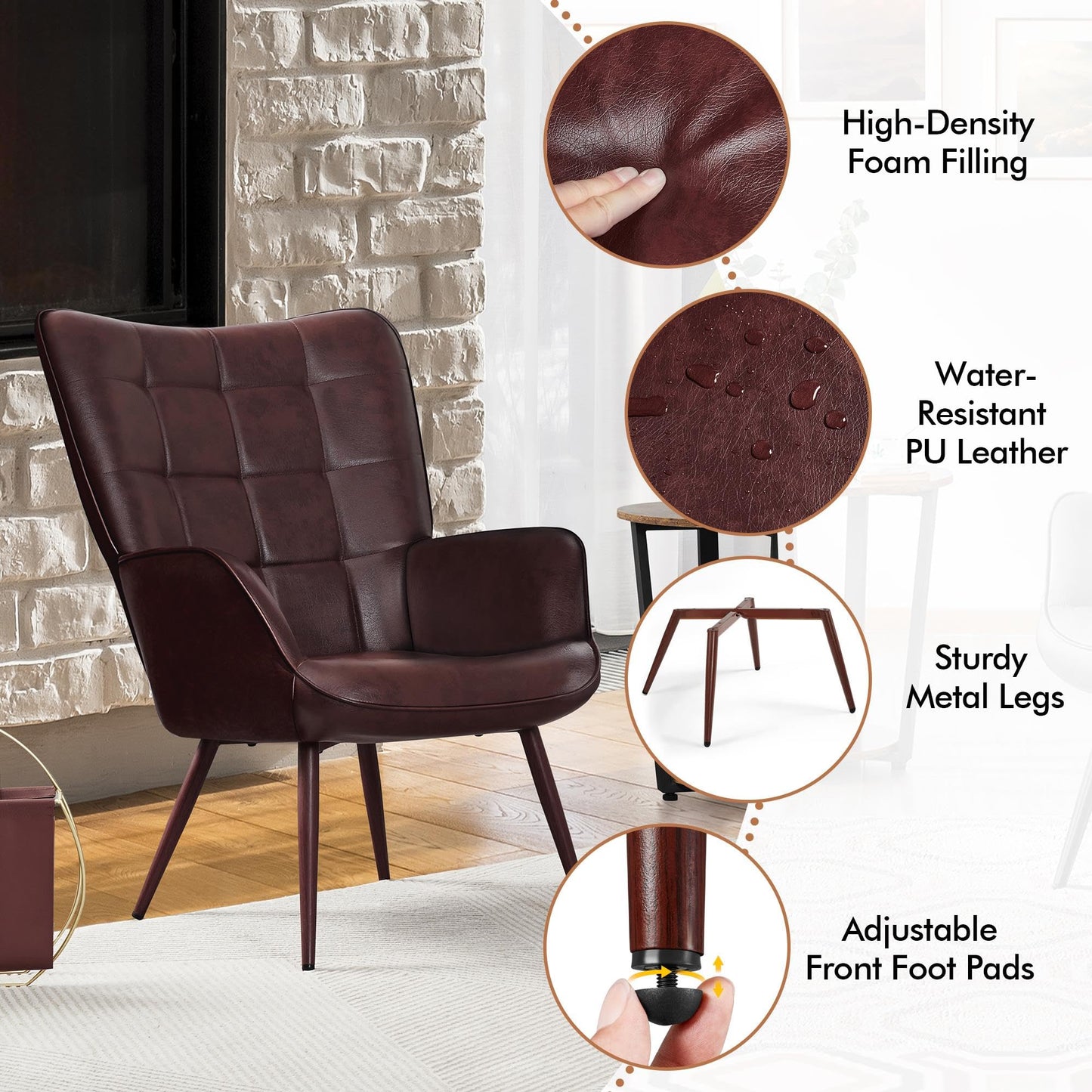 Yaheetech Accent Chair Faux Leather Modern Armchair High Back Sofa Chairs for Living Room/Bedroom, Chestnut Brown