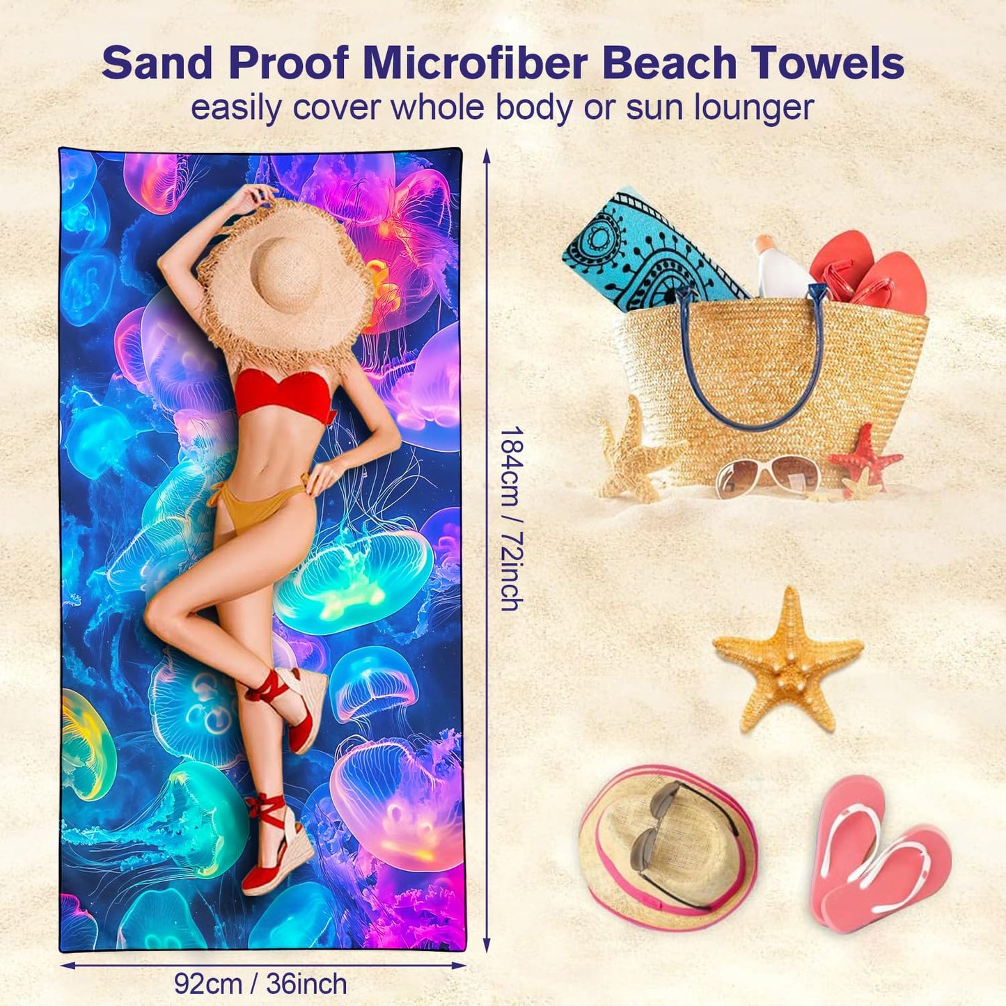 Violetpos Neon Jellyfish Group Beach Towel, Extra Large 180x90 cm 250GSM Microfibre, Sand Free Quick Dry