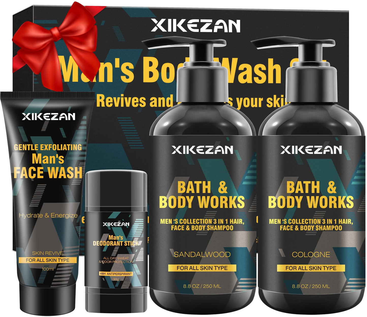 Gifts for Men,Mens Body Wash Gift Set Cleansing & Hydrating Skin w/Face Wash,Deodorant,Sandalwood & Cologne 3 in 1 Hair,Face & Body Wash,Mens Stocking