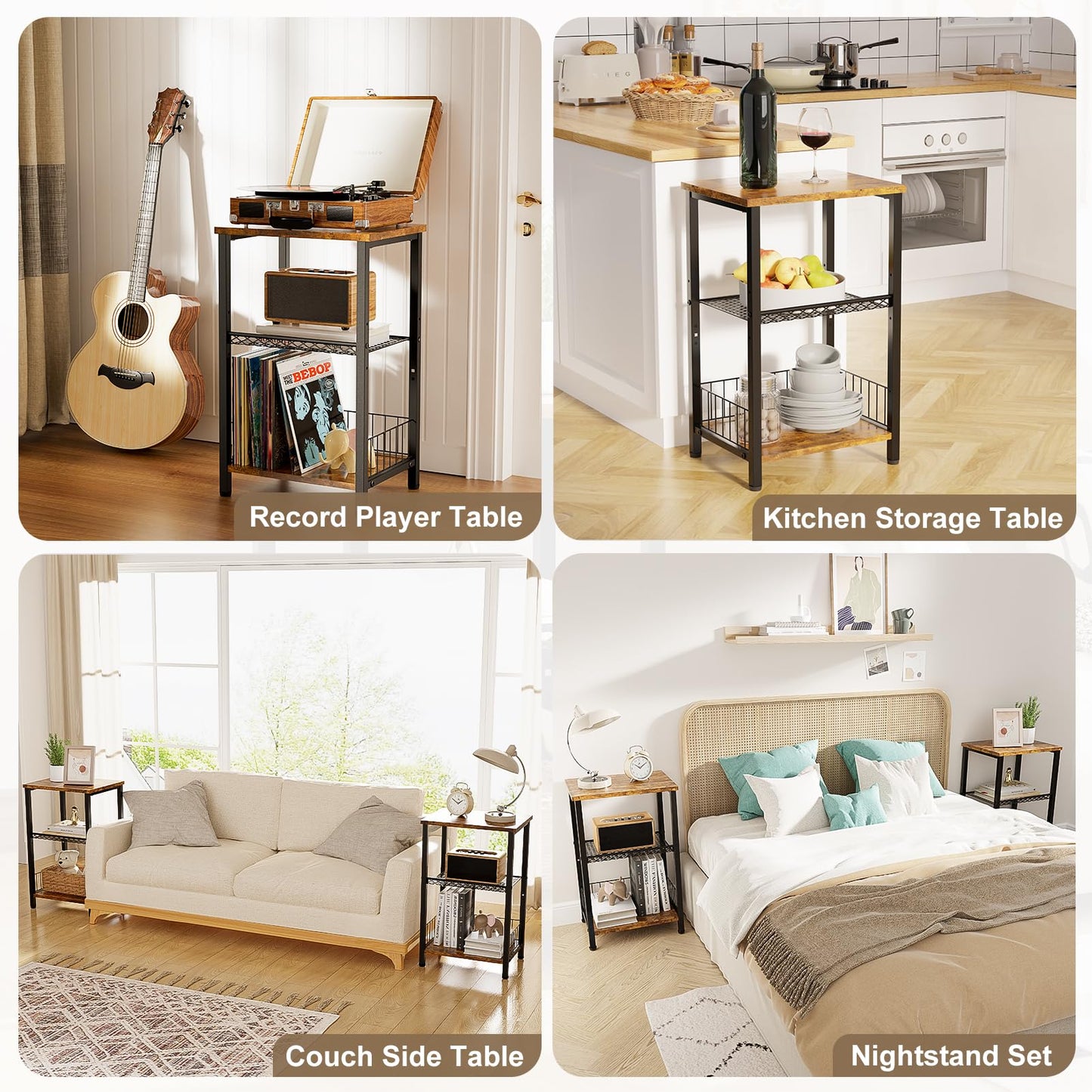 iDavosic.ly 3-Tier Side Table Living Room, Small Bedside Table Nightstand, Industrial Coffee End Table Storage Organizer for Bedroom Office, Rustic