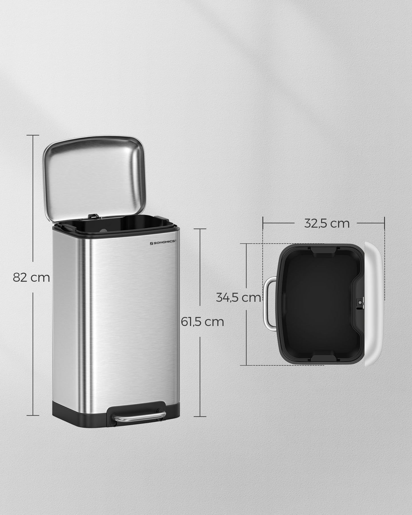 SONGMICS Rubbish Bin, 30L Trash Can, Steel Pedal Bin, with Inner Bucket and Lid, Soft Closure, Airtight, for Kitchen, Living Room, Silver Colour