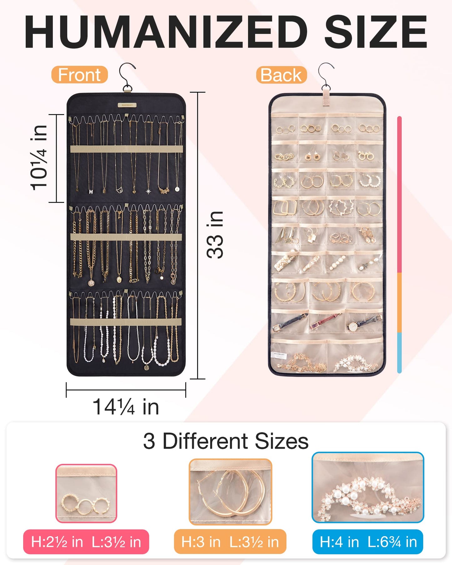 bagsmart Dual-sided Jewelry Organizer Hanging with Metal Hooks,32 Pockets and 3 Wave-Shaped Hooks,Jewelry Roll for Earrings,Necklaces,Rings on