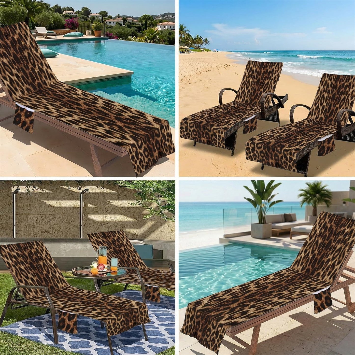 Surwin Sun Lounger Towel with Pockets, Leopard Print Beach Towel Chair Cover Sunbed Towels Lounger Bag for Summer Holiday Outdoor Garden Pool