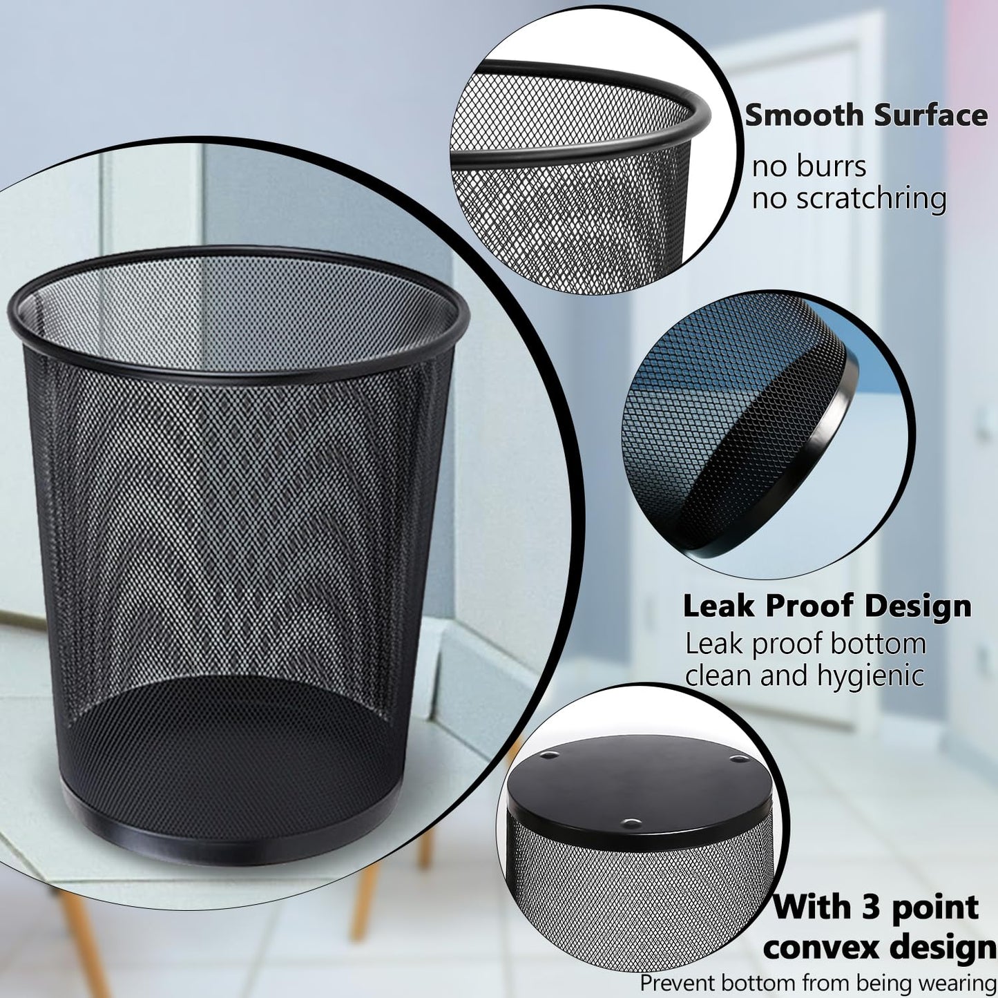 WYIPOLZI Small Office Bin 6 Pack, Metal Mesh Waste Paper Basket 12L, Black Round Wastebasket for Kitchen, Bathroom, Bedroom