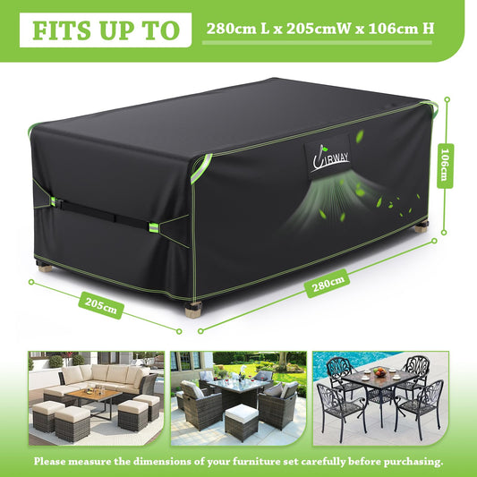 UIRWAY Garden Furniture Cover Waterproof with Air Vent, 280x205x106cm Outdoor Patio Furniture Cover, 420D Heavy Duty Garden Table Cover with