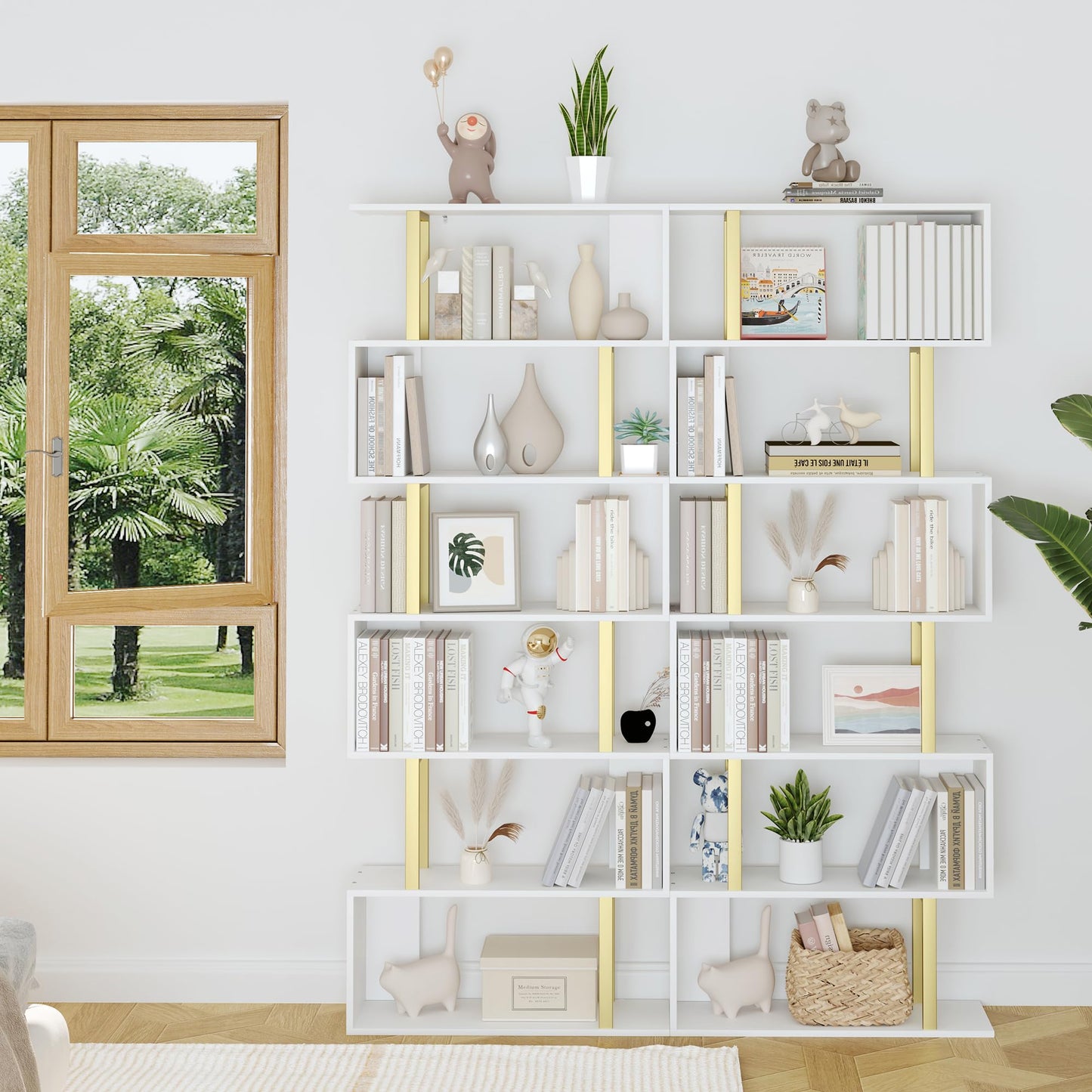 Yusong Bookshelf 6-Tier, Geometric Bookcase S Shaped Book Shelves for Bedroom, Modern Wood Decorative Display Shelf Tall Book Case for Home Office