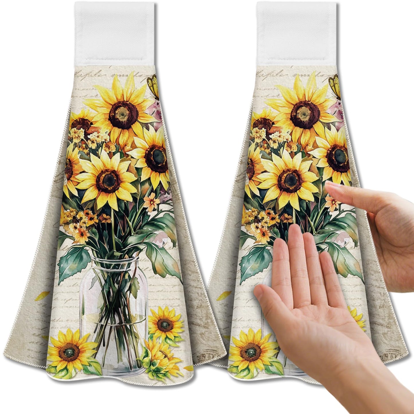 CUTHOLLOW Sunflower and Vase Hanging Kitchen Towels with Loop, Set of 2 - Soft & Super Absorbent Microfiber Decorative Hanging Dish & Hand Towel, Tea,