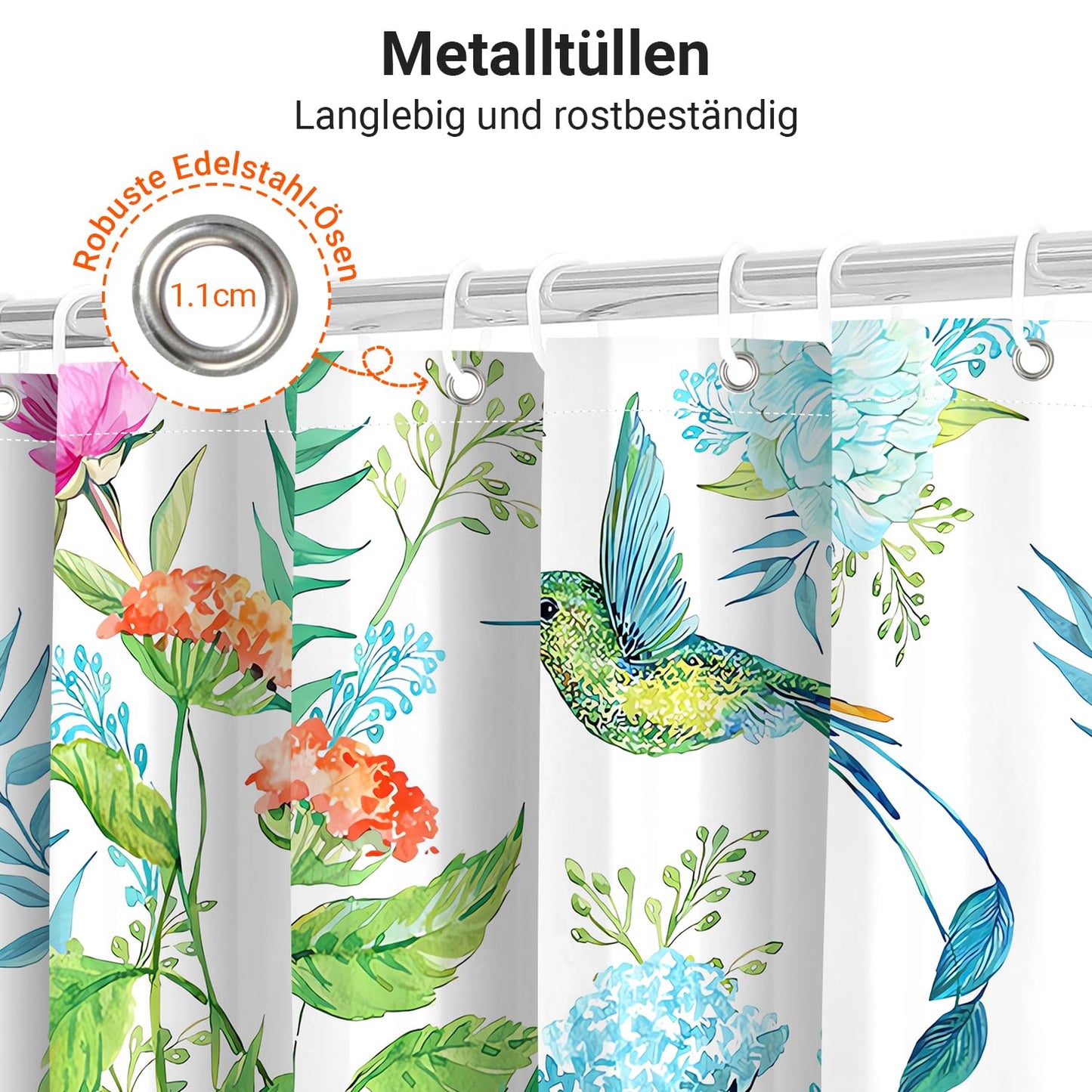 Lerores Shower Curtain, 180 x 200 cm, Flowers, Birds, Weighted Hem, Anti-Mould, Water-Repellent