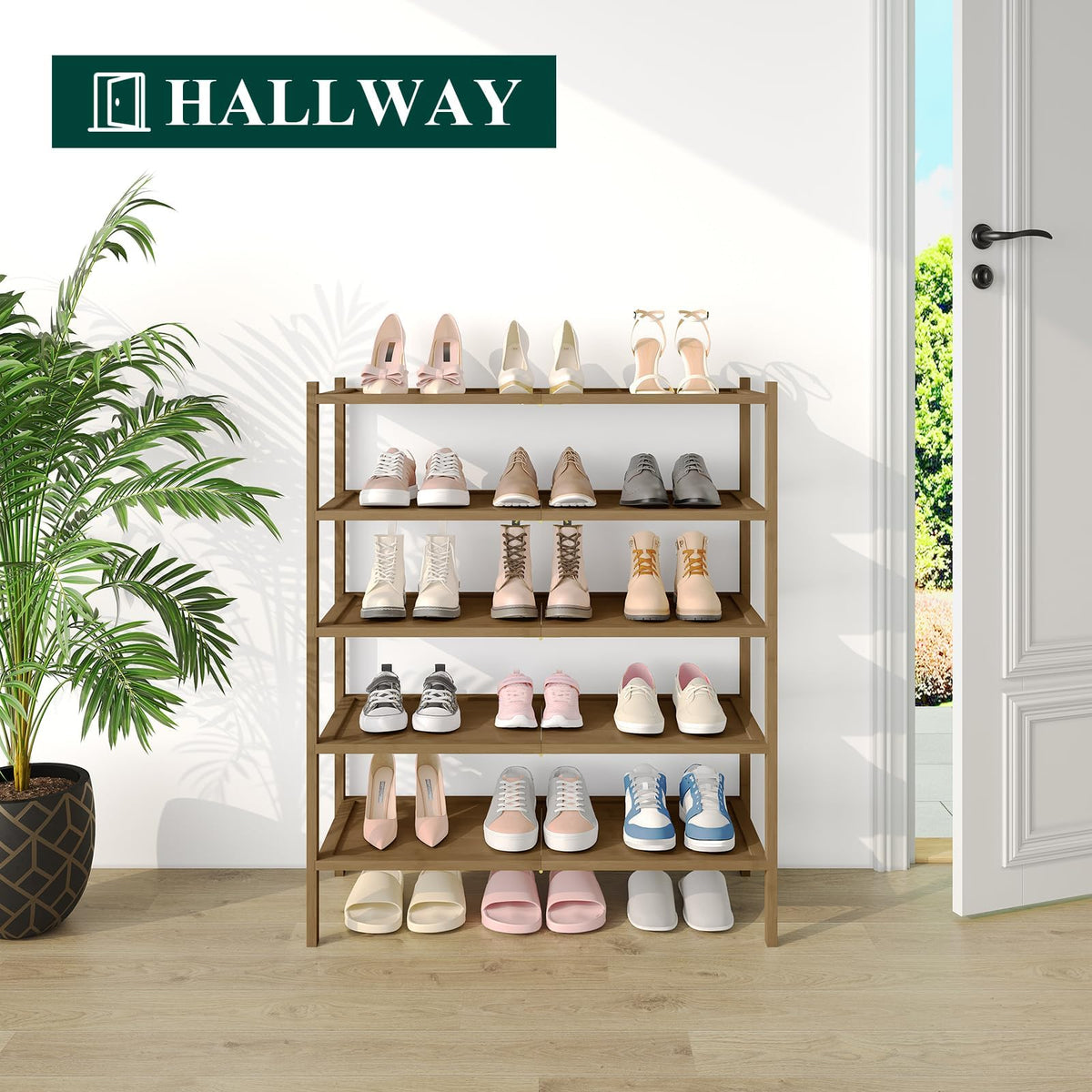 smiry Bamboo Shoe Rack, 5 Tier Shoe Organizer for Entryway & Living Room, Stackable Free Standing Storage Shelf for Shoes, Bags & Plants, Walnut