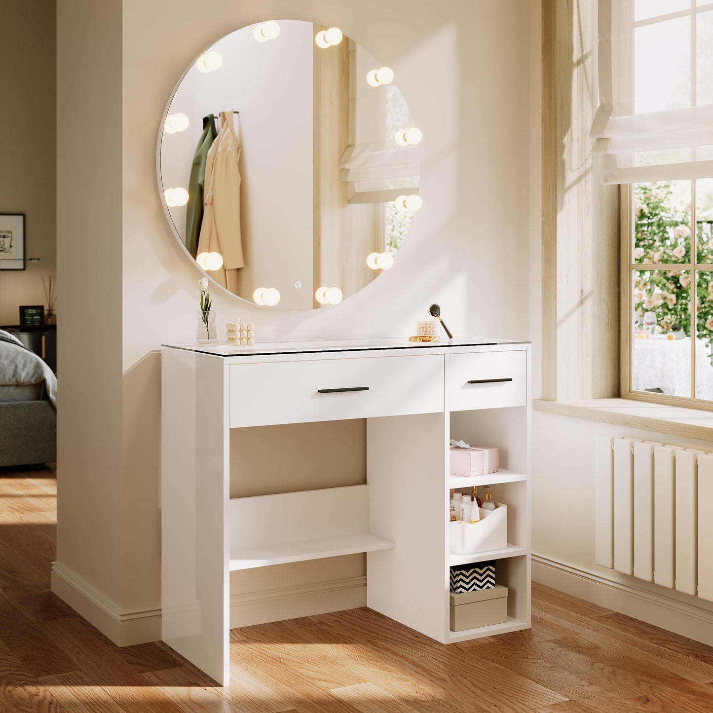 ELEGANT Dressing Table with Mirror and Adjustable LED Brightness with 12 Bulbs, Vanity Makeup Desk with 2 Drawers and 2 Open Shelves, White Modern
