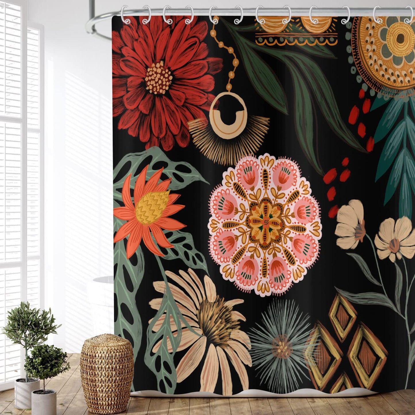 ASDCXZ Shower Curtain Boho Flowers 180x180 cm, Retro Abstract Art Flower Leaves Black Washable Bath Shower Curtains Polyester Textile Waterproof