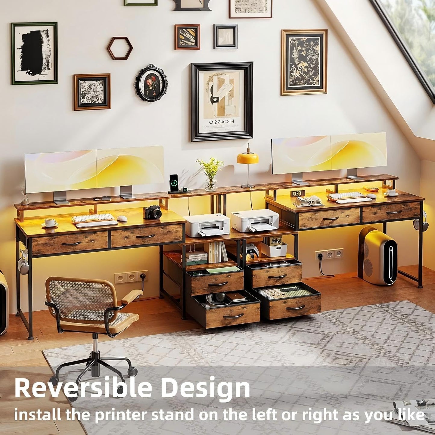 MUTUN 135cm Computer desk with Power Outlet and Drawers, Rustic Brown