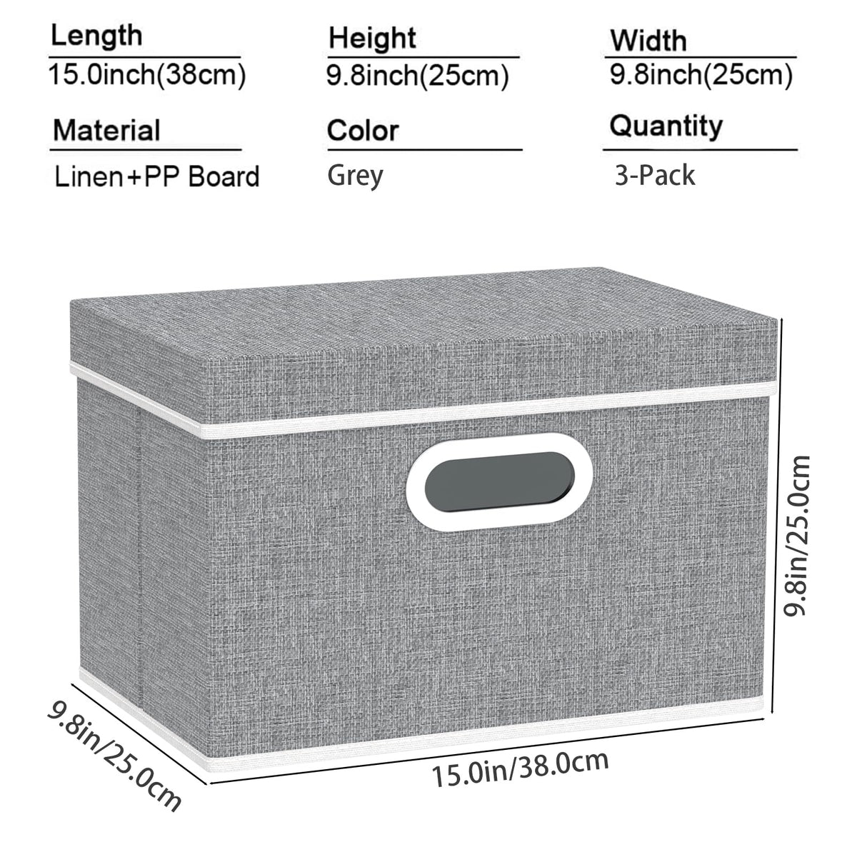 Yawinhe Collapsible Storage Box 3 Pack, Fabric Clothing Shelf Basket with Lid, for Organizing Home, 38x25x25cm, Grey, SNK023GL-3