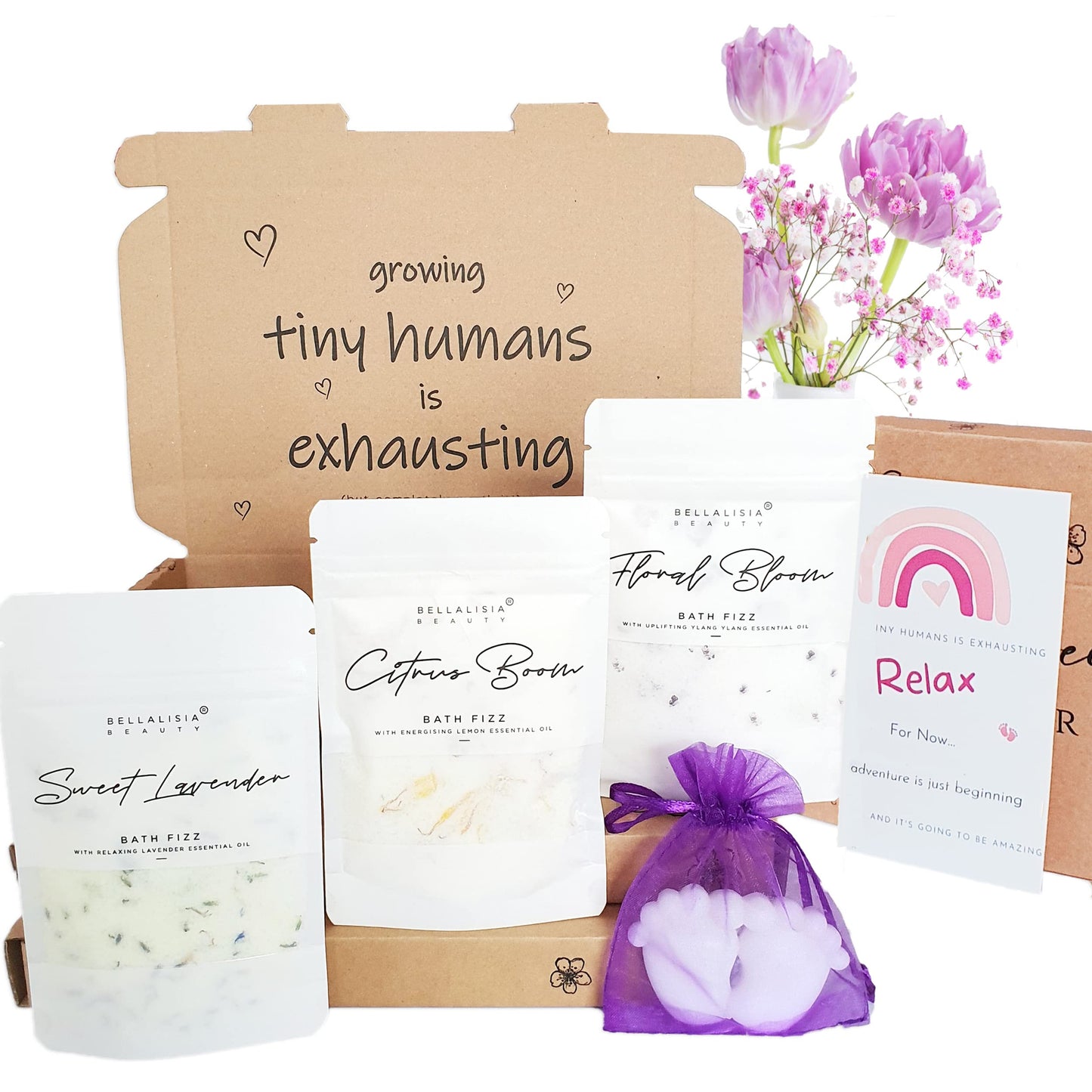 Bellalisia Baby Shower Gifts for Mum to be, New Mum Pamper Kit, Natural Organic Vegan Handmade Bath Bomb Fizz Powder Set, + Real Flowers Pure
