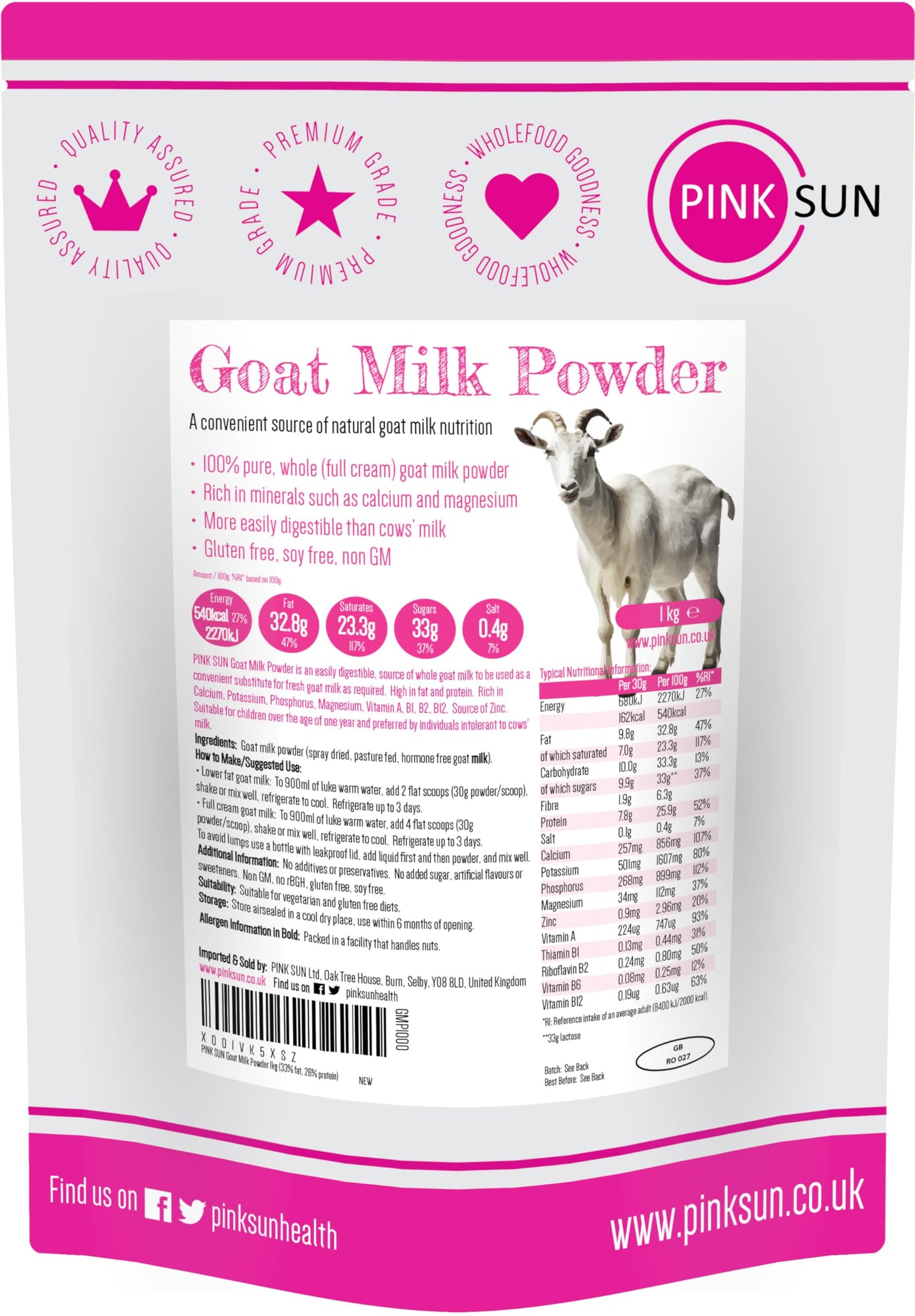 PINK SUN Goat Milk Powdered 1kg Dried Full Cream Powder for Convenient Use Whole Fat Quality Gluten Free