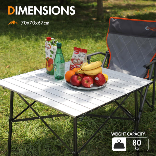 Portal Aluminium Folding Camping Table Square Roll Up Top 4 Person Compact Garden Table with Carry Bag for Picnic Camp Backyard BBQ, Silver
