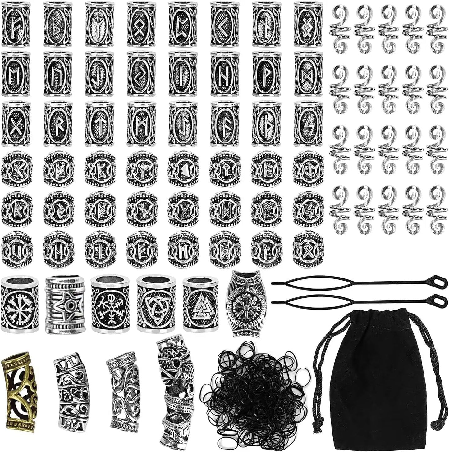 DIY Hair Beads, 80pcs Metal Beard Beads Decorative Antique Hair Braid Jewellery Alphabet Bracelet Charm, Classical Pattern Spacers with1 Storage Pouch