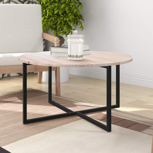 BOFENG Round Coffee Table Tea Table Round Coffee Table for Living Room with Metal Legs, Black+White oak