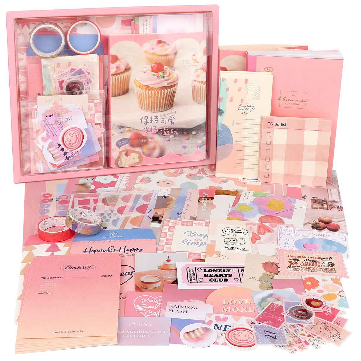 Draupnir Pink Cute Kawaii Scrapbook Kit348pcs, Bullet Junk Journal Kit with Journaling/Scrapbooking Supplies, Stationery, A6 Grid Notebook with