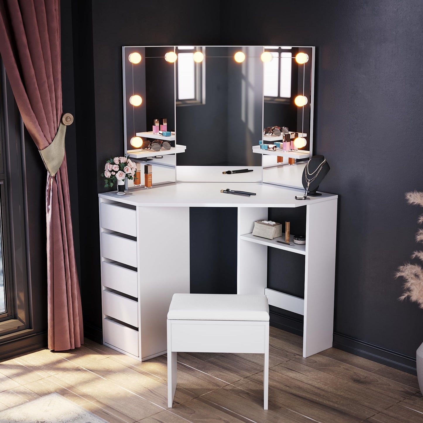 ELEGANT Corner Dressing Table Set with Padded Stool and Hollywood LED Lights, Adjustable Brightness, White Makeup Vanity Desk with 3 Angle Mirror and