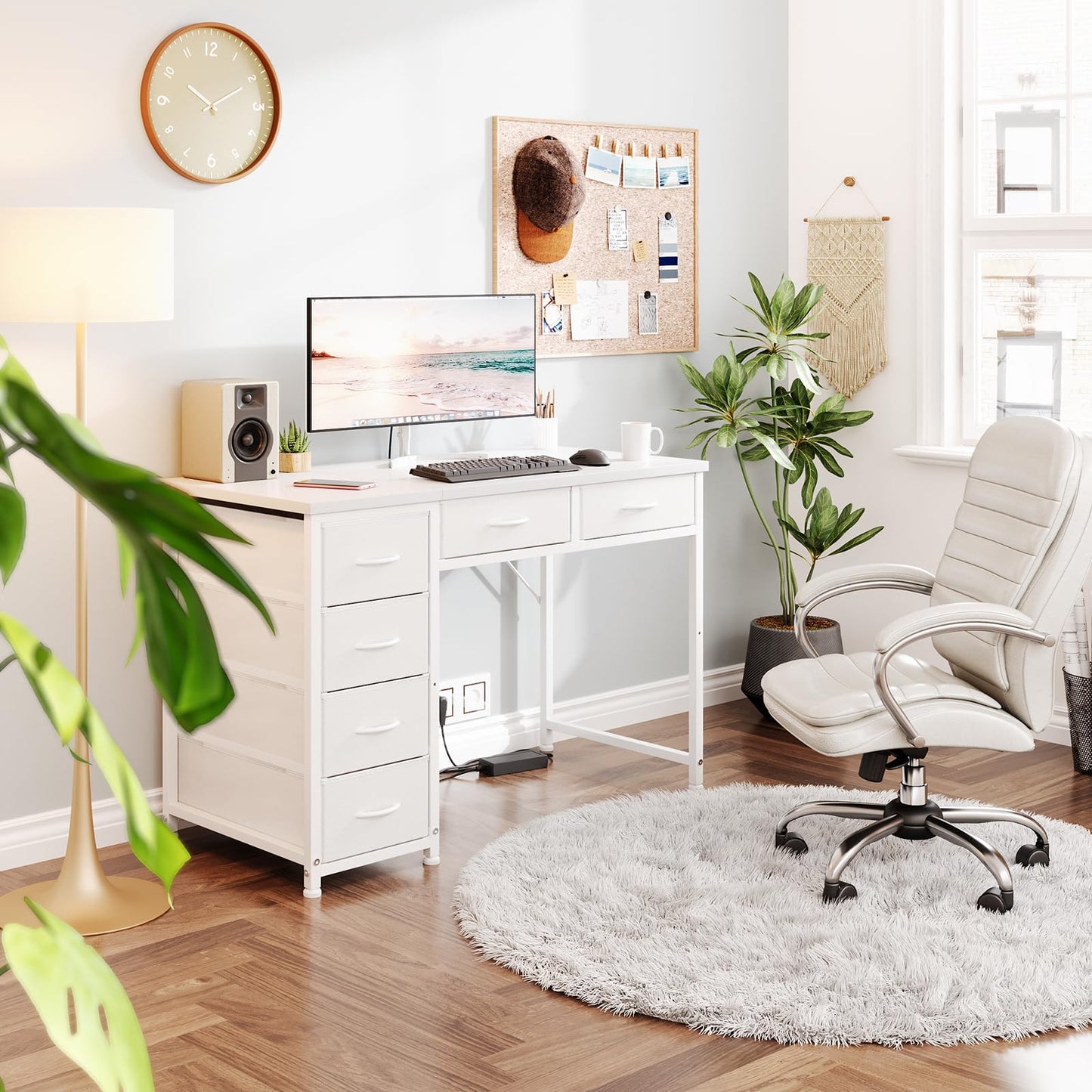 MUTUN 100x48 cm Desk, Small Computer Desk with 6 Fabric Drawers, Reversible Home Office Desk with Adjustable Feet, Work Desks for Office, Study