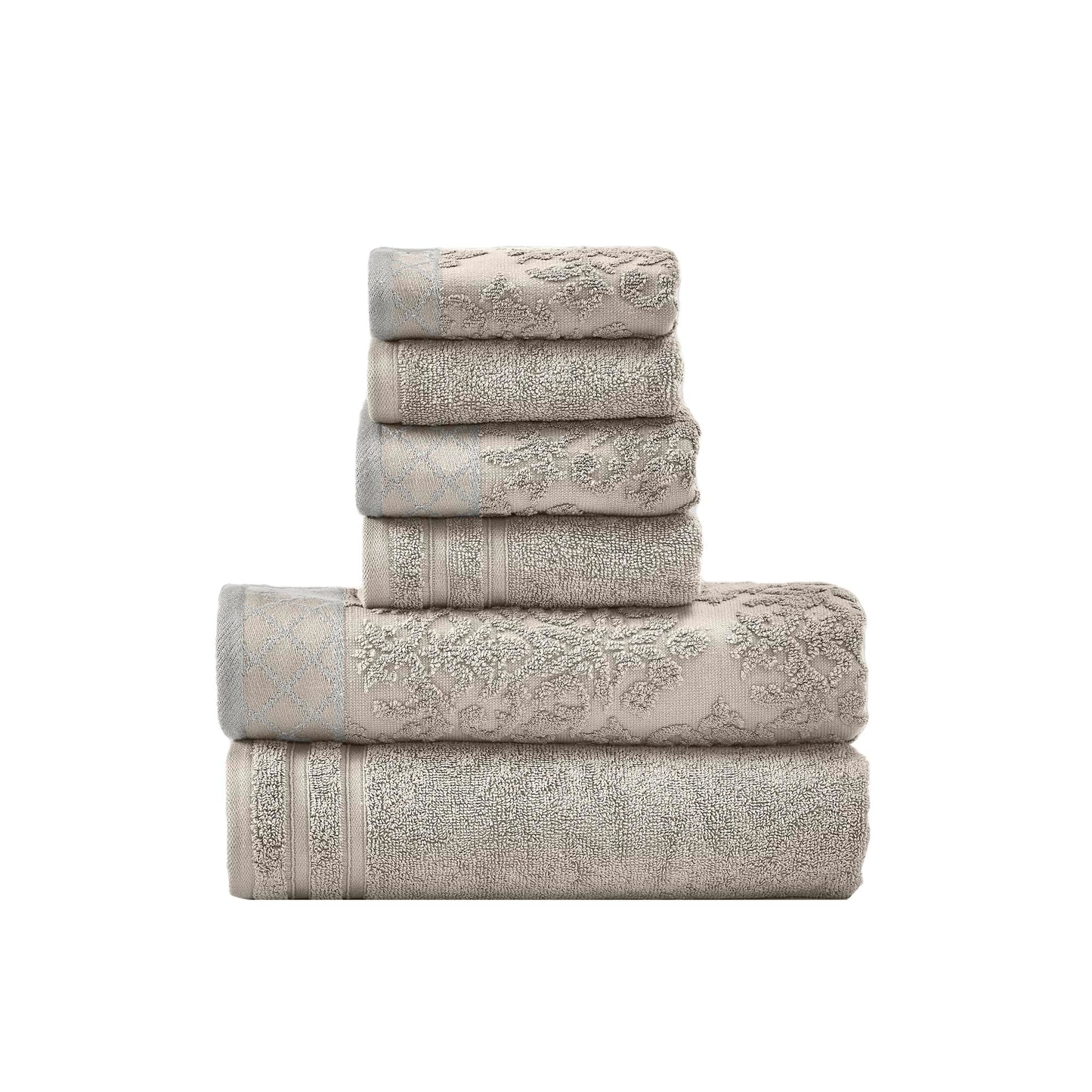 Amrapur Pacific Coast Textiles Damask Jacquard Towels with Embellished Border Set, Cotton, Grey, Single Size, 6-Piece