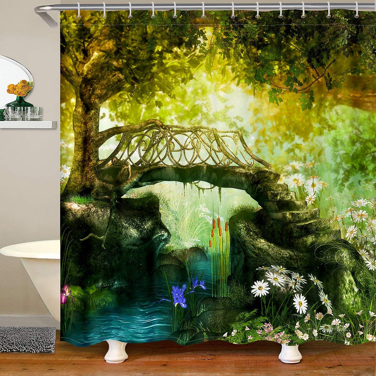 Fairy Tale Waterproof Shower Curtains Magical Jungle Fabric Bathroom Shower Curtain Boys Girls Fairy Woodland Floral Shower Curtain with Hooks Dreamy