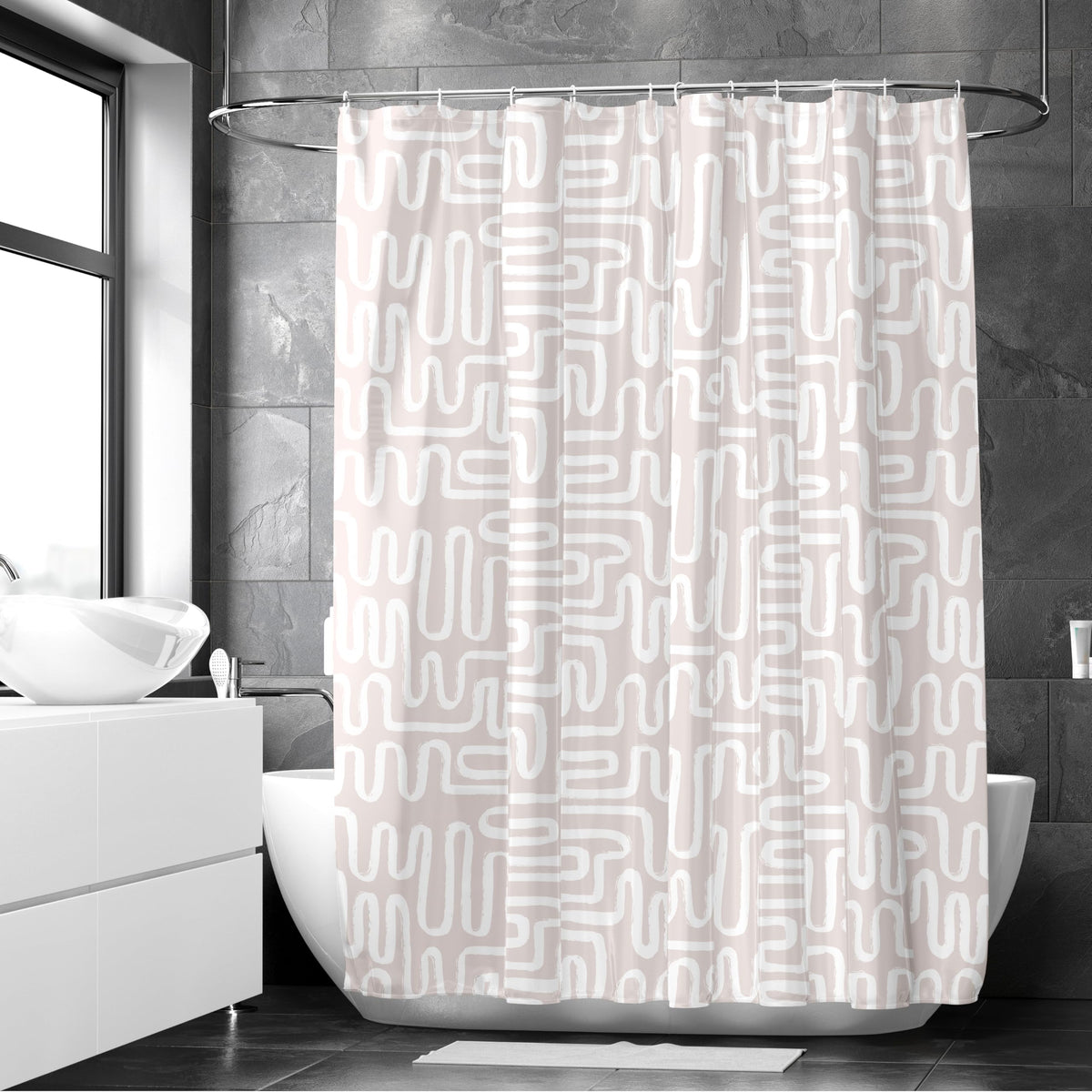 Encasa XO Bathroom Shower Curtains | Heavier Quality Waterproof Fabric | 180x180 cm | 10 free Hooks Included - Boho Maze Beige