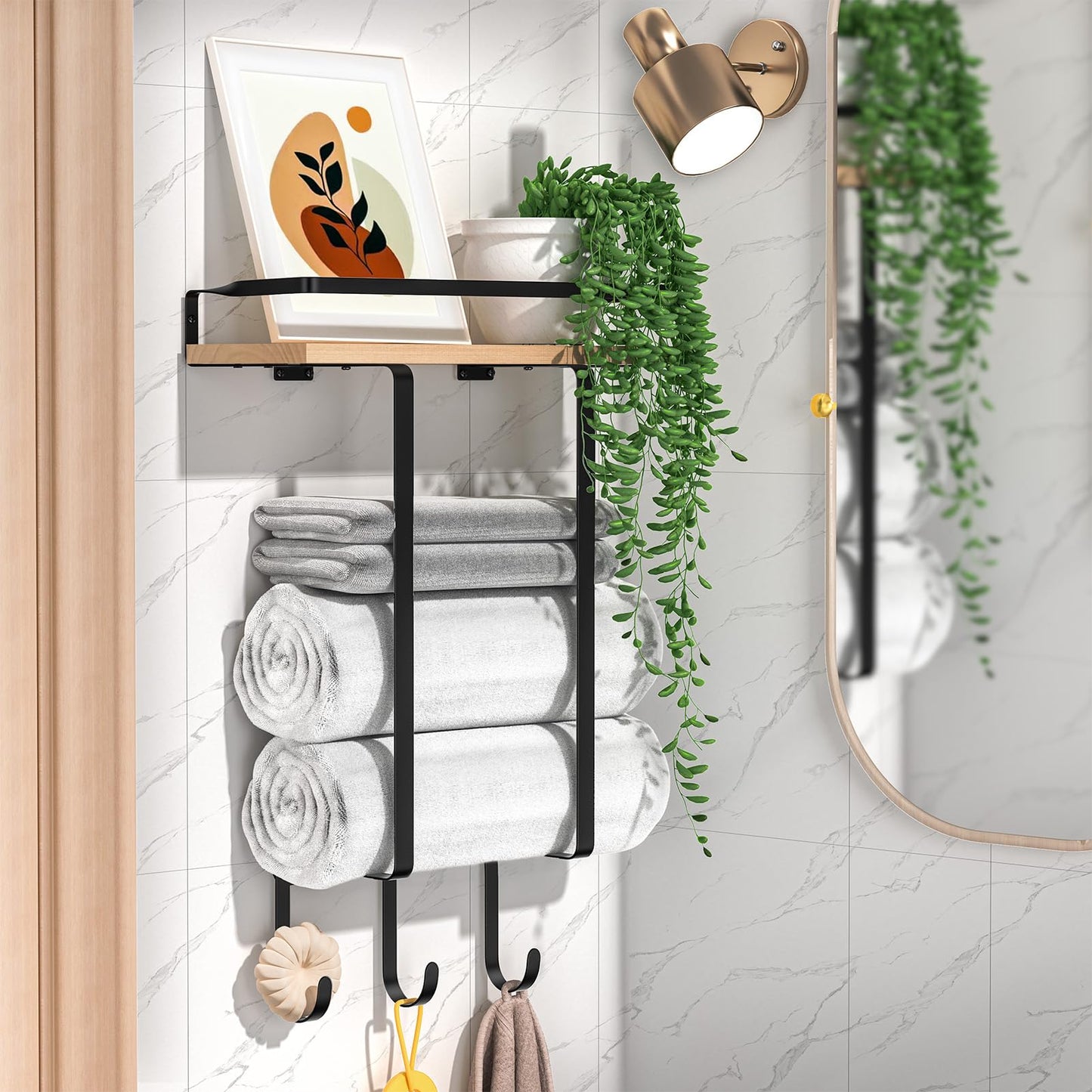 PENGARO Towel Rack, Bathroom Towel Storage Rack Wall Towel Rack with Shelf & 3 Hooks, Towel Holders For Bathrooms for Rolled/Folded/Hand Towels Rail,