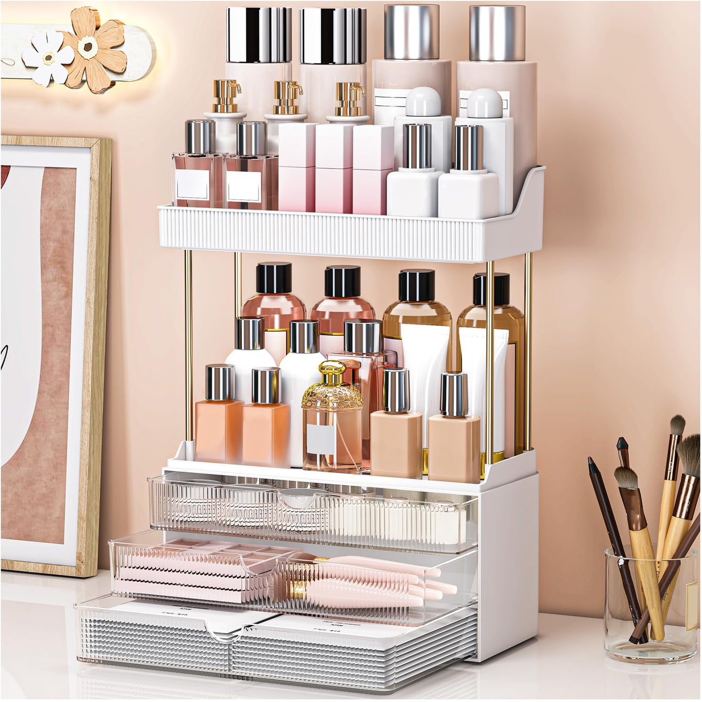Storivo Makeup Organiser, 3 Tier Drawer, Cosmetics Organiser, Multi-function make up case, Large Vanity Organiser, Anti-Slip Design, Countertop
