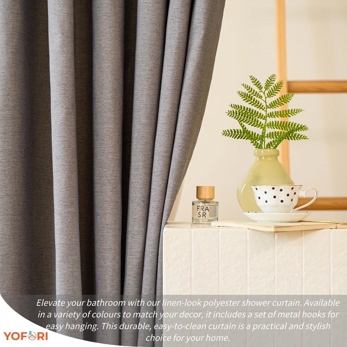 Yofori Grey Shower Curtain for Bathroom, Fabric Shower Curtains Faux Linen Polyester Wet Room Shower Curtains Sets with Metal Hooks, 183x183cm