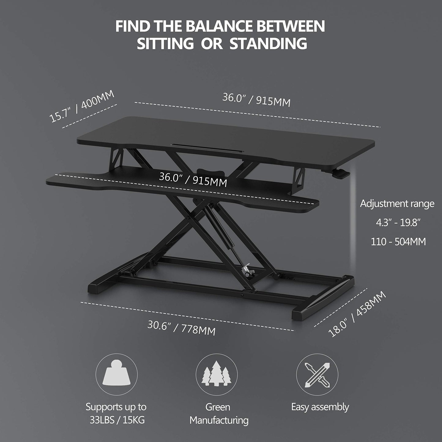 FITUEYES Standing Desk Converter 91.5x40 cm Height Adjustable Sit Stand Desk with Large Keyboard Tray and Phone Holder for Computer Laptop Dual