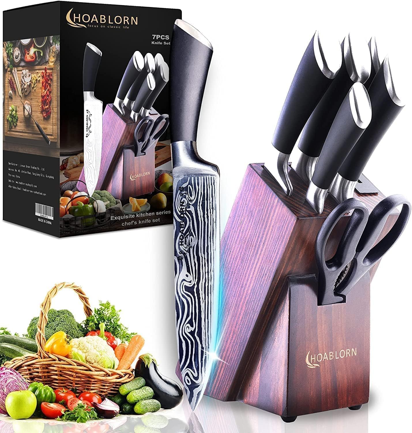 Knife Set, 7-Piece Professional Stainless Steel Knives Set for Kitchen Damascus Knives Set with Built-in Knife Sharpener for Chef's Family