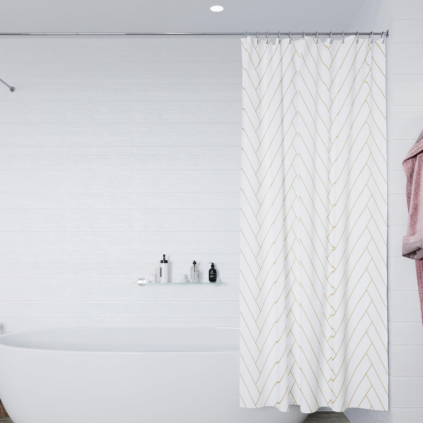 Croydex Waterproof Shower Curtain, Gold Chevron Pattern, 180 x 180cm, Water Resistant Fabric - 100% Polyester, Machine Washable, Cling Resistant