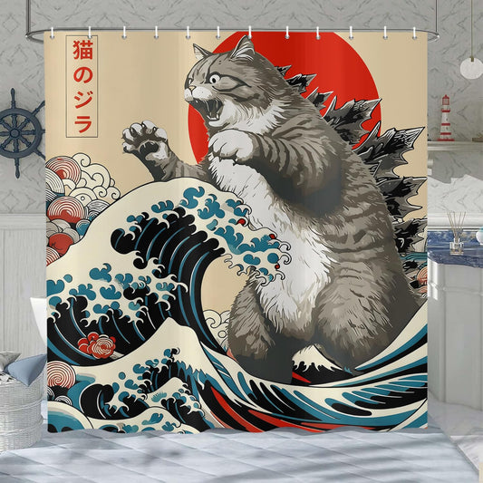 ASDCXZ Japanese Cat Shower Curtain 180x180 cm, Vintage Funny Japan Anime Cat Sun Wave Kids Animal Waterproof Bath Curtain Polyester Textile Washable