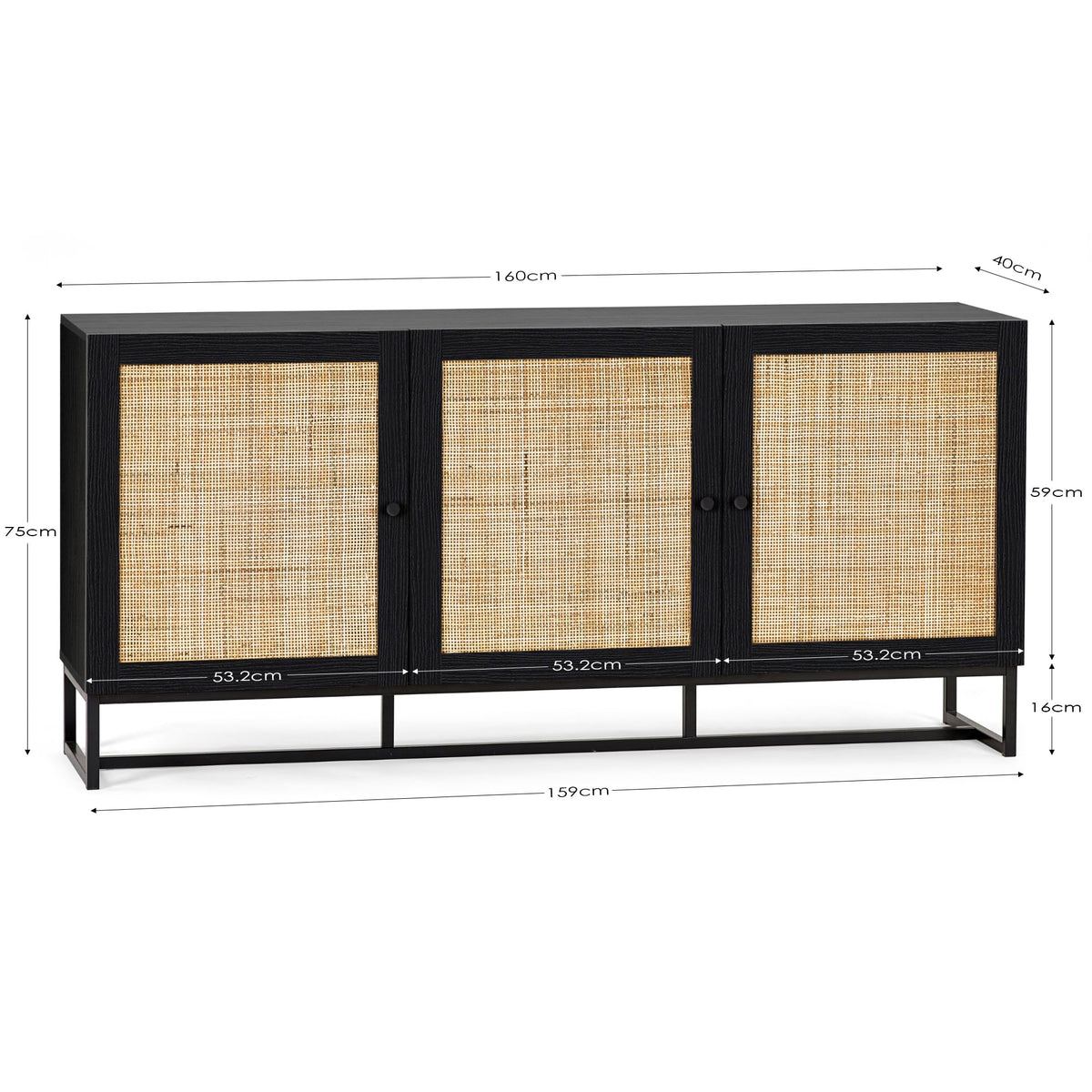 Julian Bowen Padstow Sideboard, Rattan Doors, Black - H75 x W160 x D40cm