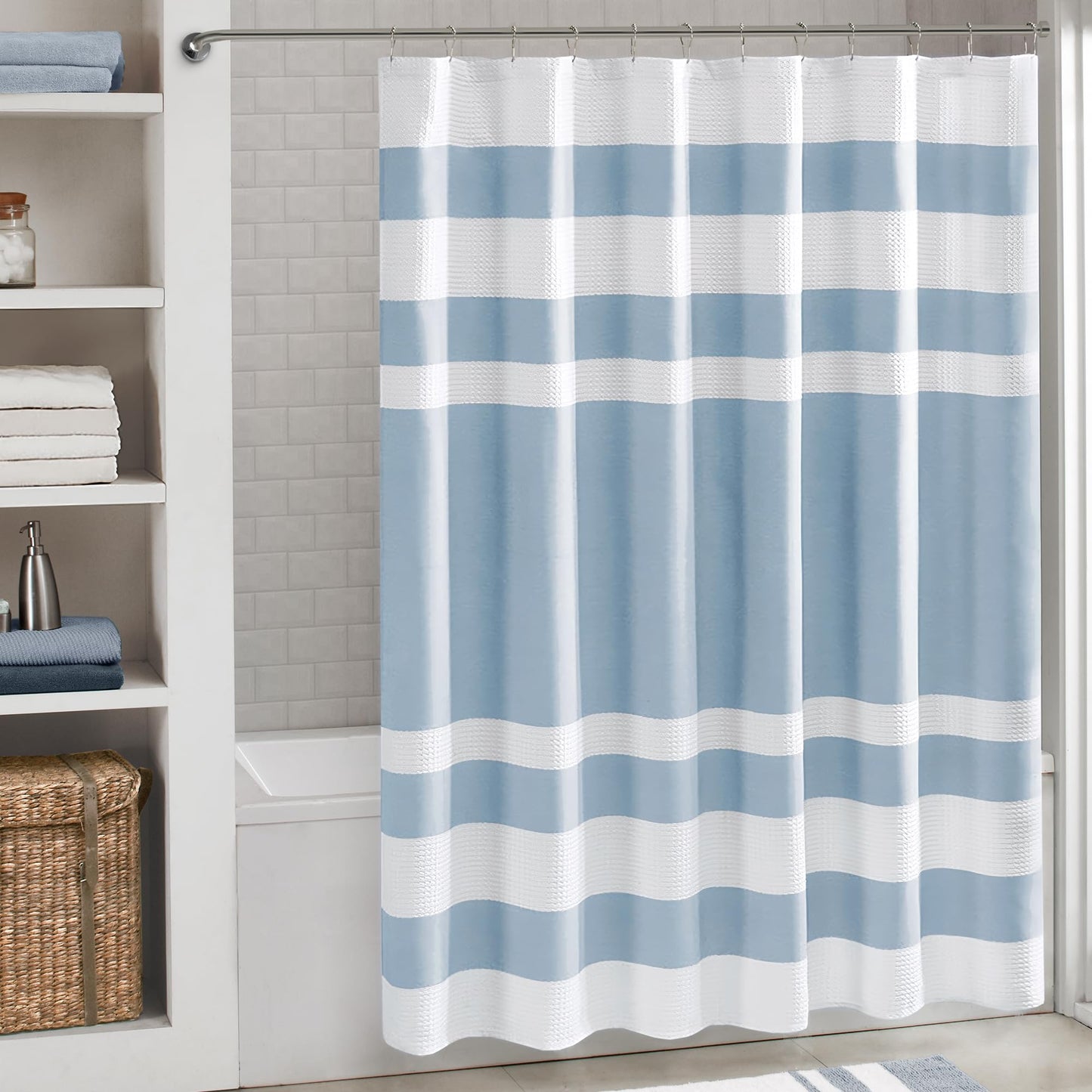 Madison Park Shower Curtain, Waffle Weave, Pieced Design Fabric Shower Curtain with 3M Scotchgard Moisture Management, Premium Spa Quality Modern
