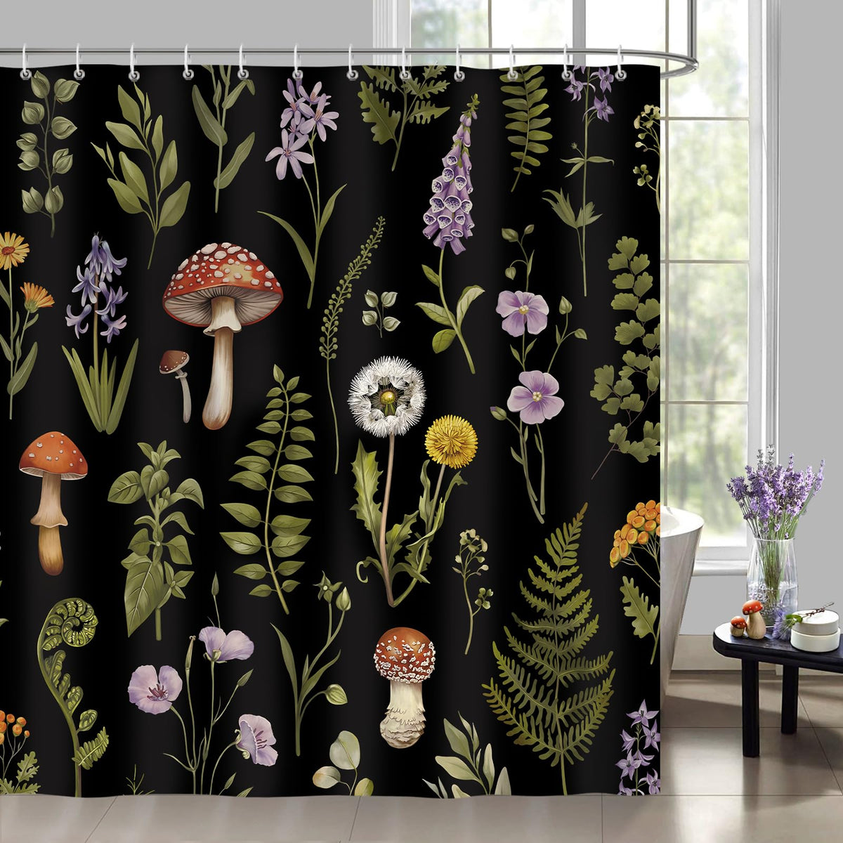 Bonhause Mushroom Floral Shower Curtain, Vintage Forest Plants Boho Bathroom Curtain 180 x 180 cm Waterproof Mildew and Mould Resistant Polyester