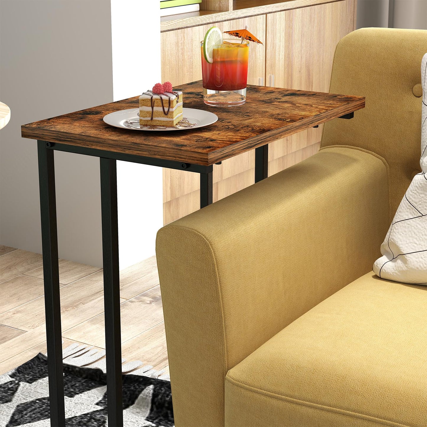 H JINHUI C-Shaped End Table, Sofa Side Table, Mobile Snack Table for Coffee Laptop Tablet, Industrial Style with Metal Frame