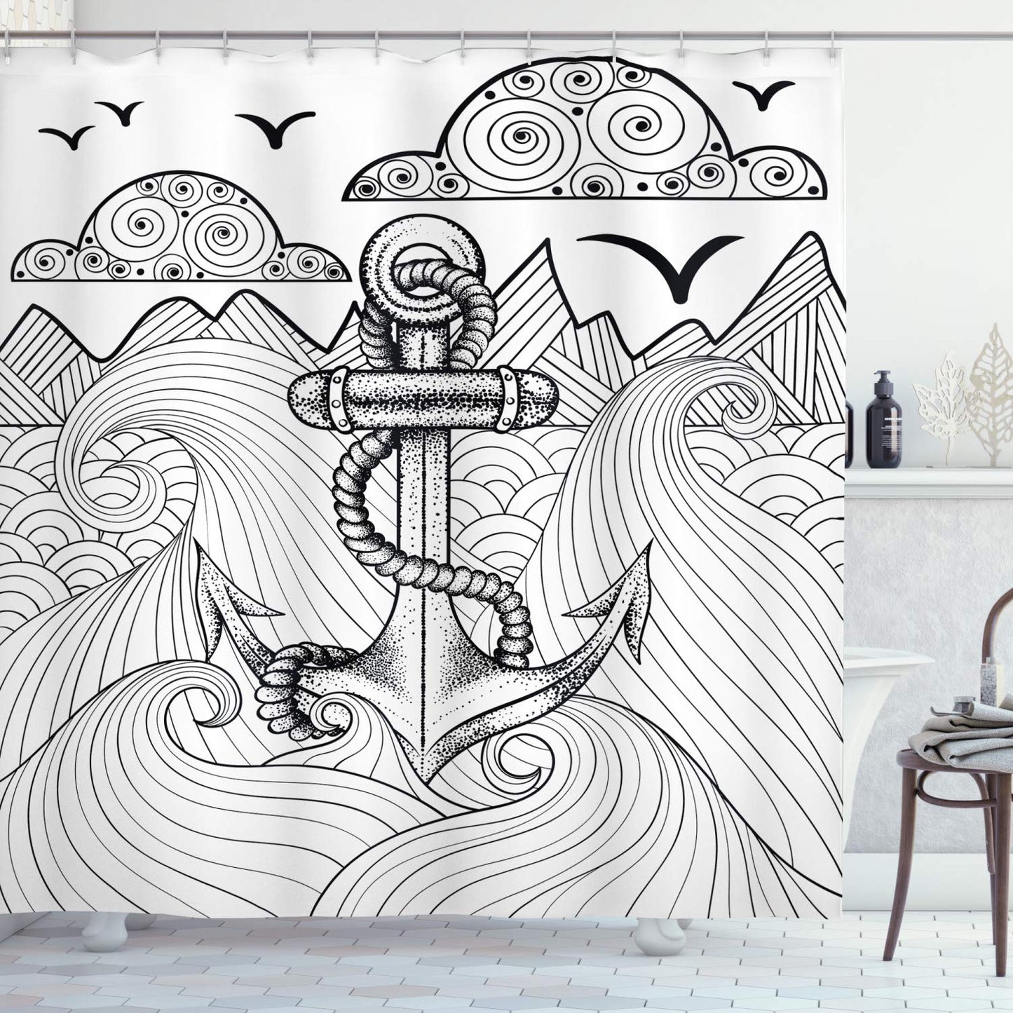 ABAKUHAUS Anchor Shower Curtain, Zentangle Style Ocean and Clouds Hand Drawn Arrangement Marine Theme, Cloth Fabric Bathroom Decor Set with Hooks, 70