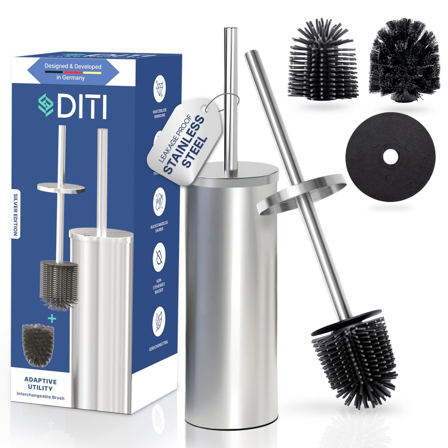 DITI Stainless Steel Toilet Brush Silver - Round Silicone Toilet Brush with Holder & Splash Guard - Antibacterial & Rustproof - Includes Replacement